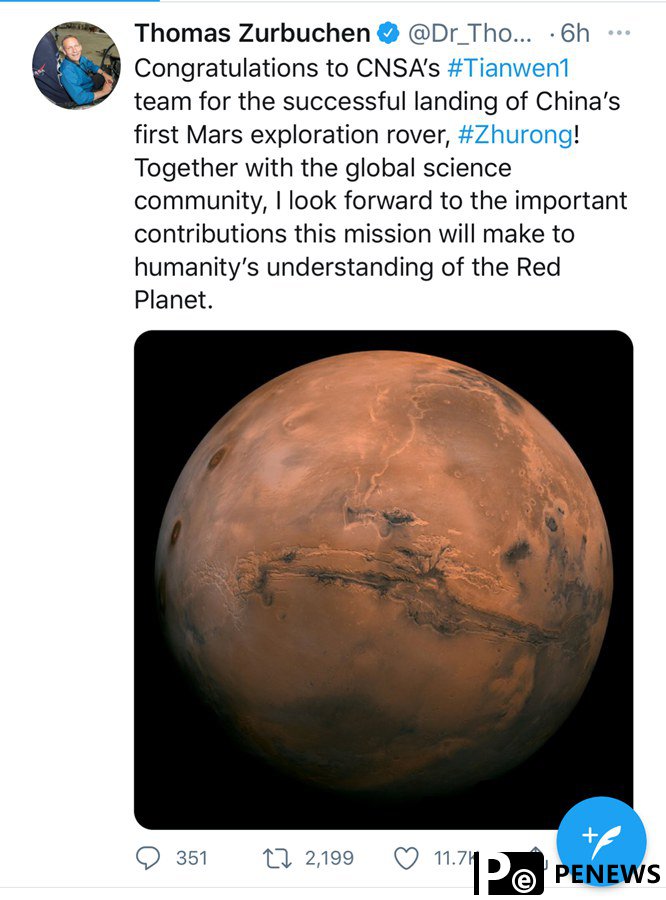NASA scientist congratulates China on its first Mars landing
