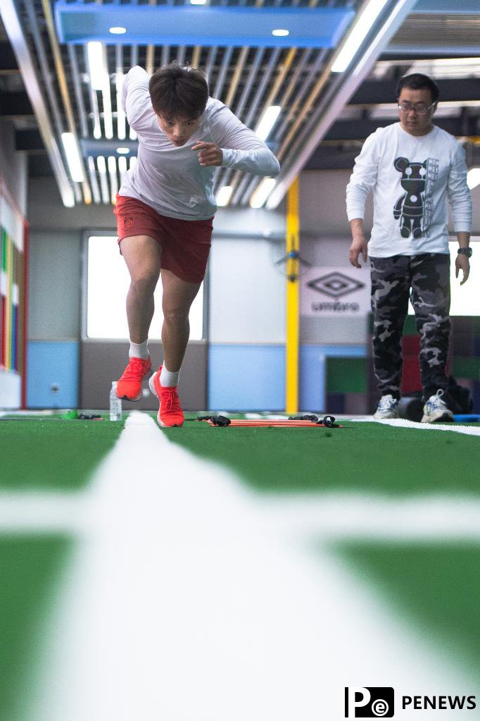 Chinese female football player Wang Shuang attends training session