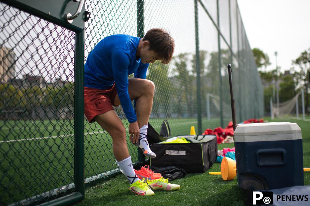 Chinese female football player Wang Shuang attends training session