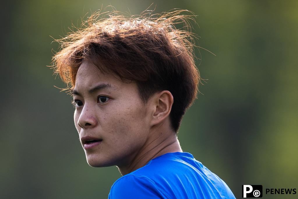 Chinese female football player Wang Shuang attends training session