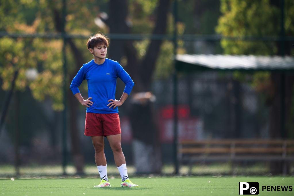 Chinese female football player Wang Shuang attends training session