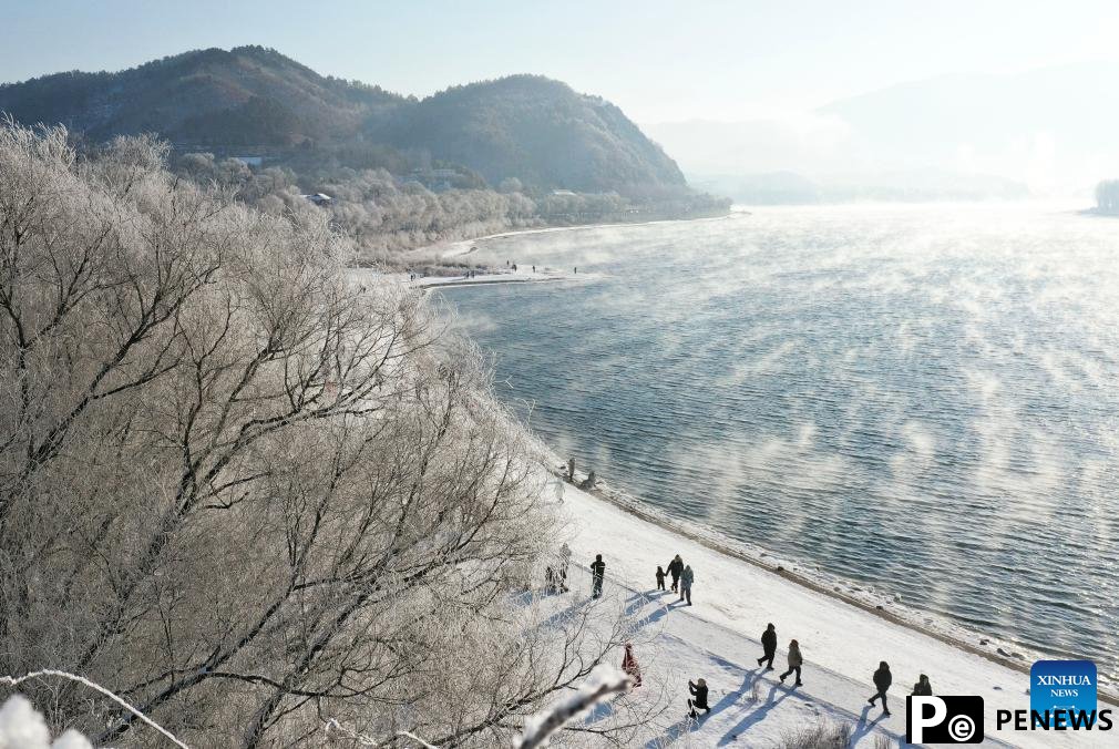 People enjoy rime scenery along Songhua River in NE China