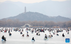 People have fun on frozen Kunming Lake at Summer Palace in Beijing