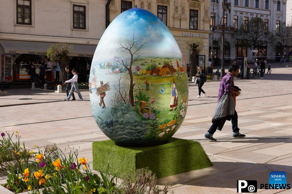 Two-meter tall Easter egg decoration seen in Hungary