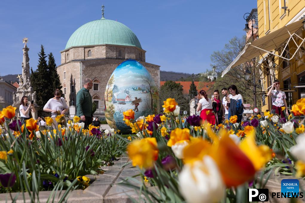 Two-meter tall Easter egg decoration seen in Hungary