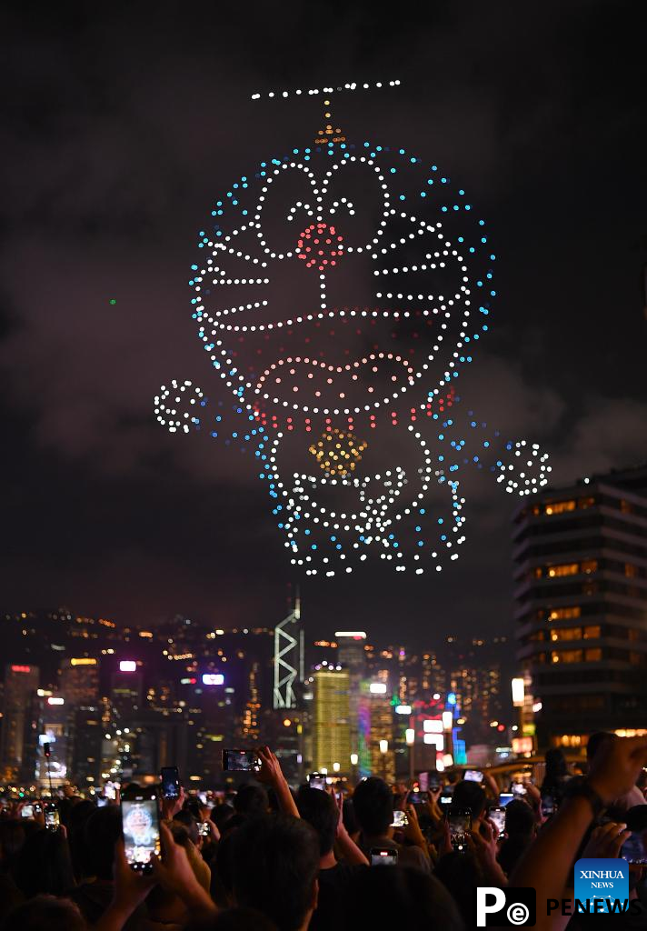 Drone light show featuring Doraemon staged in Hong Kong