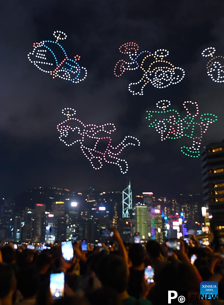 Drone light show featuring Doraemon staged in Hong Kong