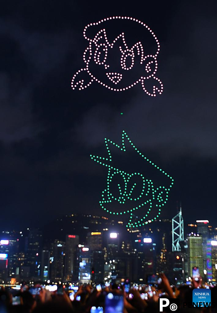 Drone light show featuring Doraemon staged in Hong Kong