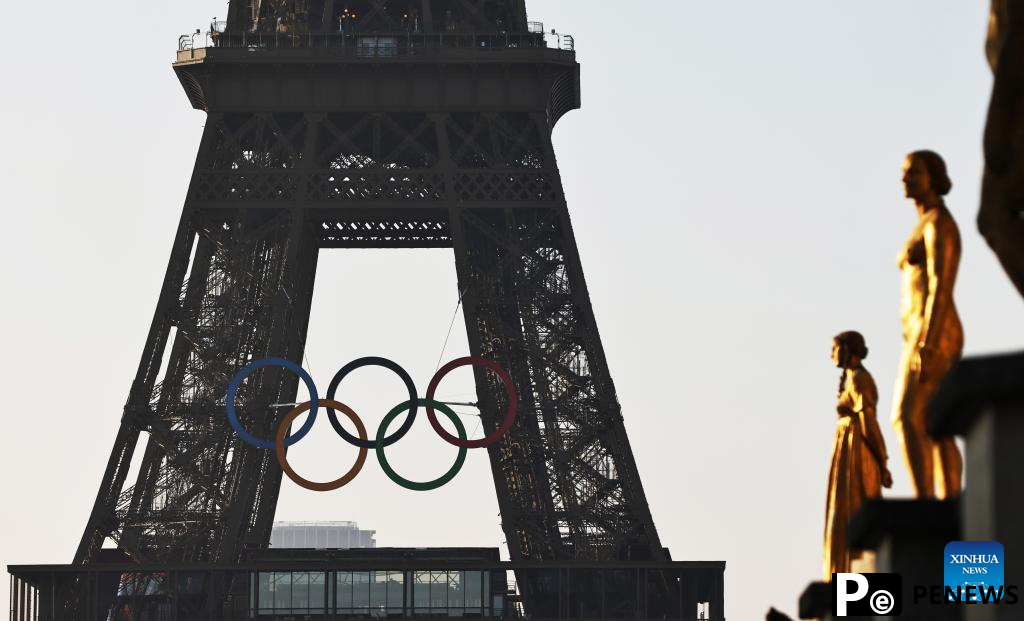Olympic rings seen on Eiffel Tower in Paris