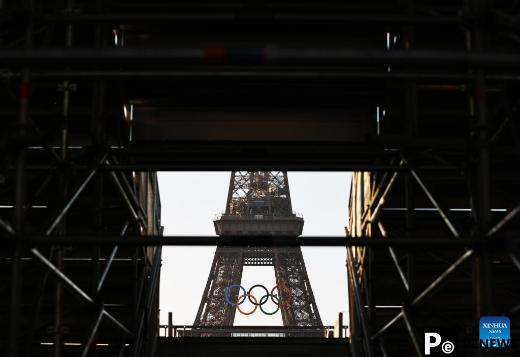 Olympic rings seen on Eiffel Tower in Paris