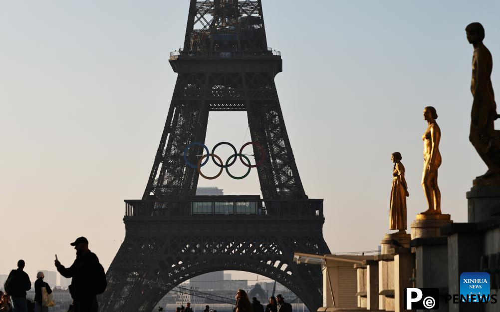 Olympic rings seen on Eiffel Tower in Paris