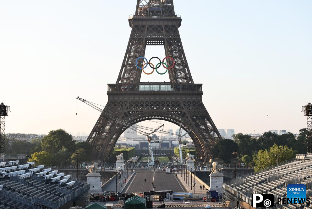Olympic rings seen on Eiffel Tower in Paris