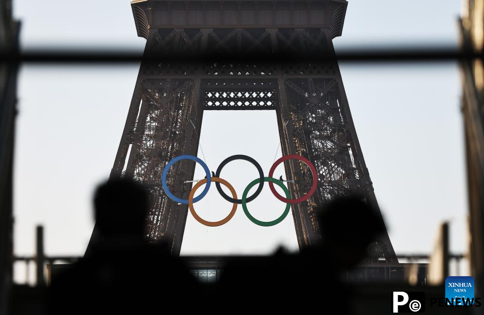 Olympic rings seen on Eiffel Tower in Paris