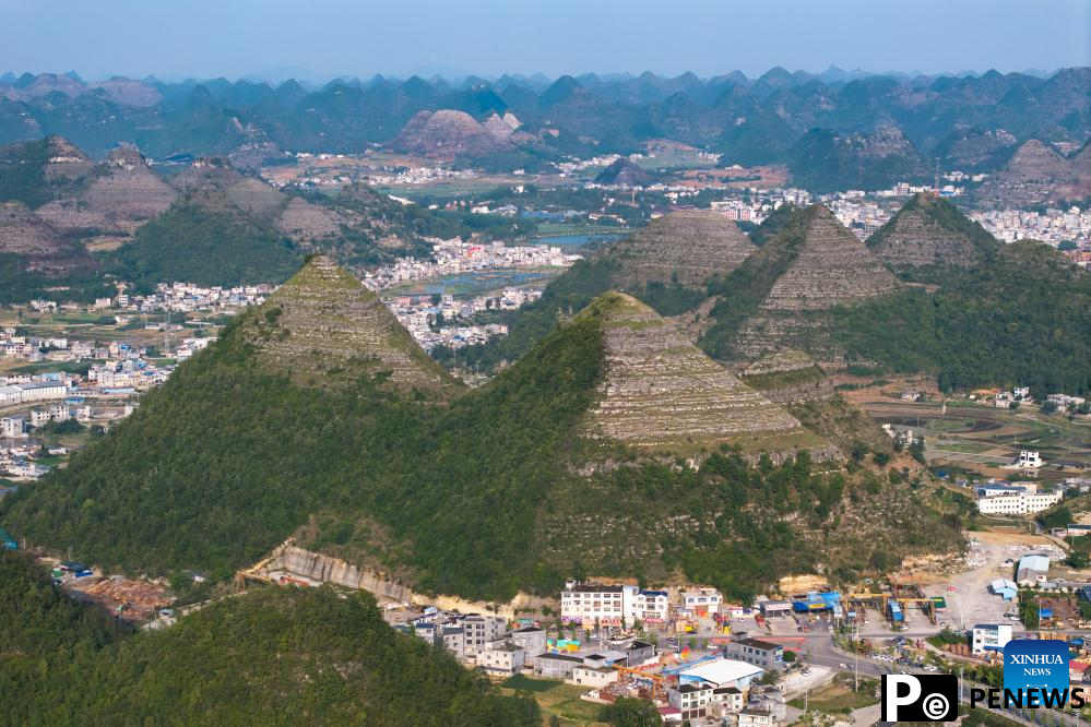 Scenery of pyramid-shaped hills in Guizhou, SW China