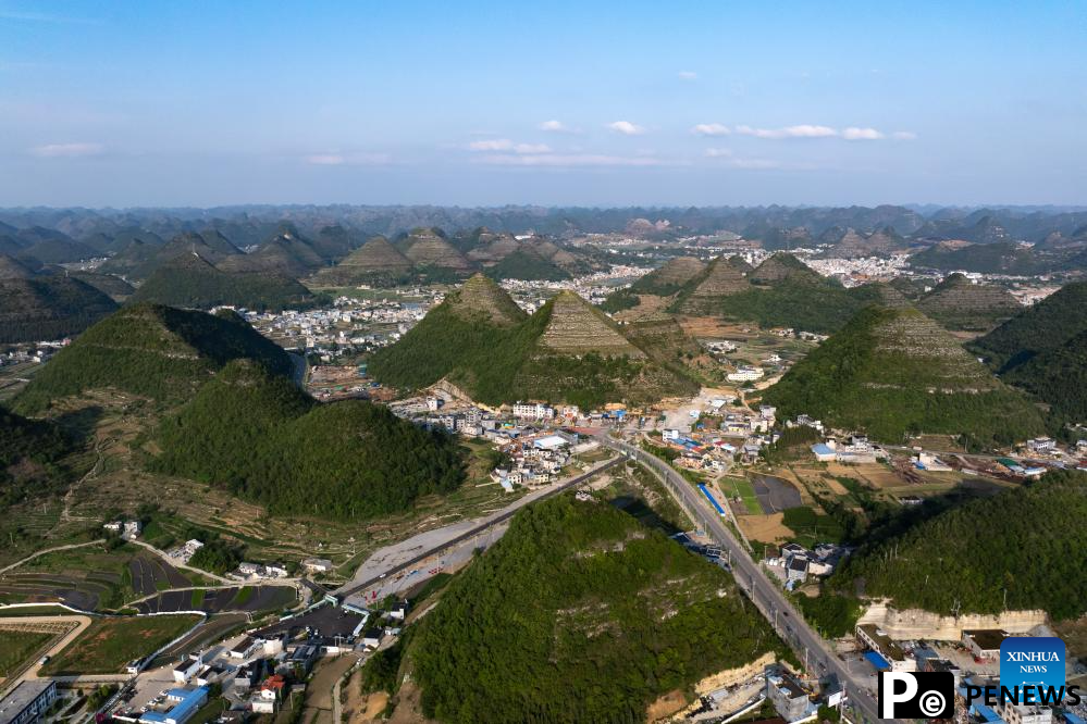 Scenery of pyramid-shaped hills in Guizhou, SW China
