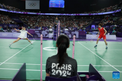 Paris 2024: women's singles group play stage match of badminton between Denmark and China