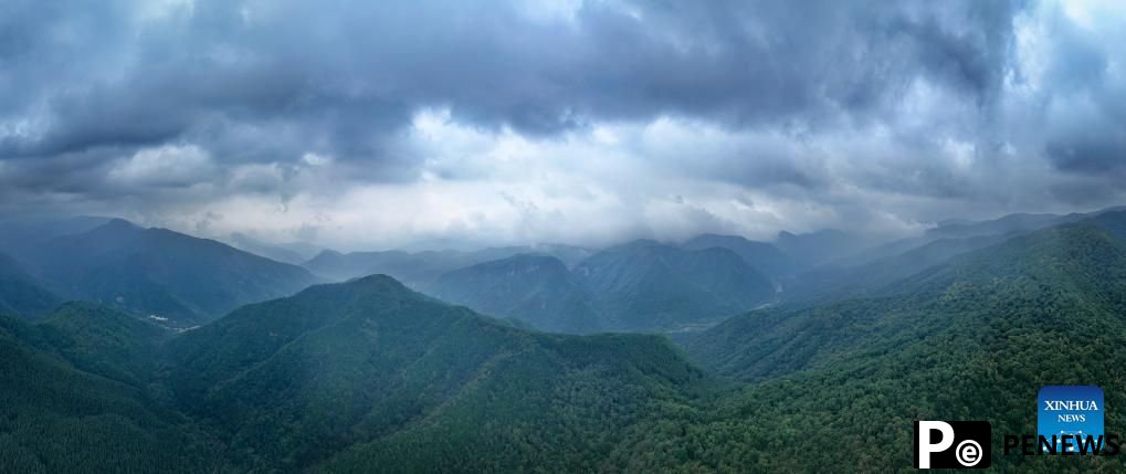 View of Liupanshan National Forest Park shrouded in clouds in Ningxia, NW China