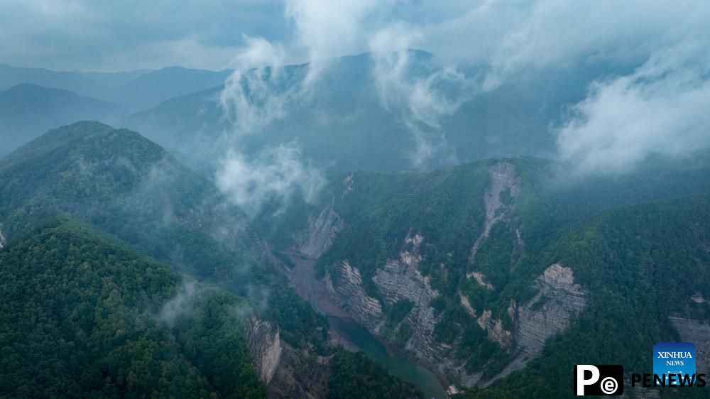 View of Liupanshan National Forest Park shrouded in clouds in Ningxia, NW China
