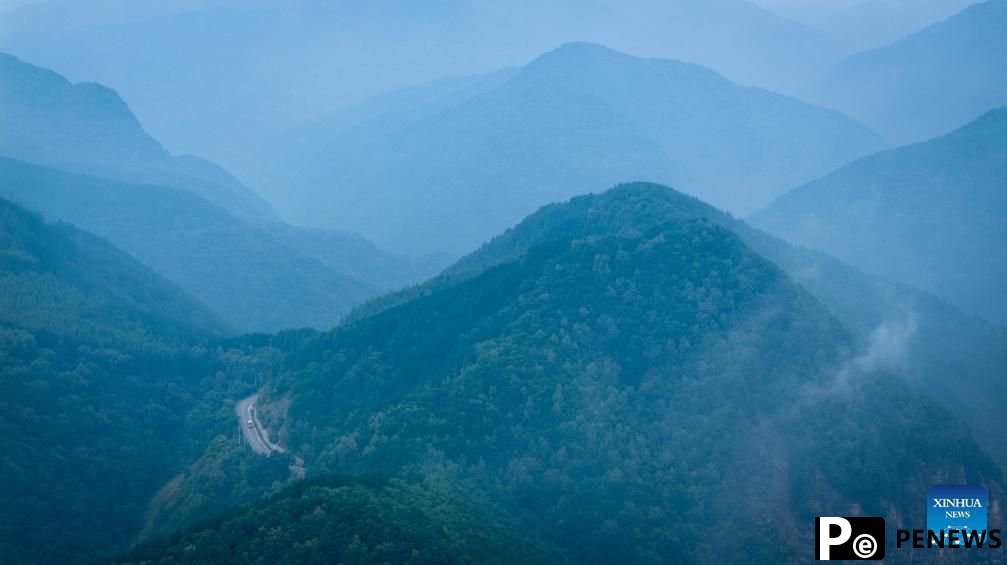 View of Liupanshan National Forest Park shrouded in clouds in Ningxia, NW China
