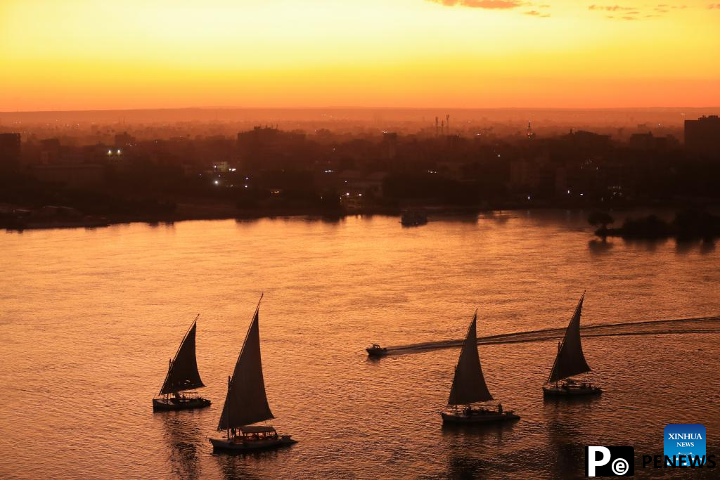 Sunset view of Giza Pyramids in Cairo