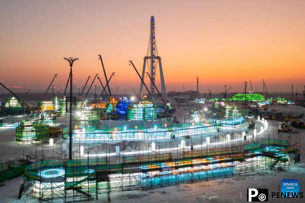 Harbin Ice-Snow World under construction in Heilongjiang, NE China