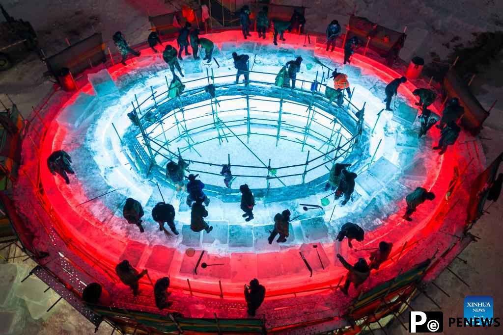 Harbin Ice-Snow World under construction in Heilongjiang, NE China