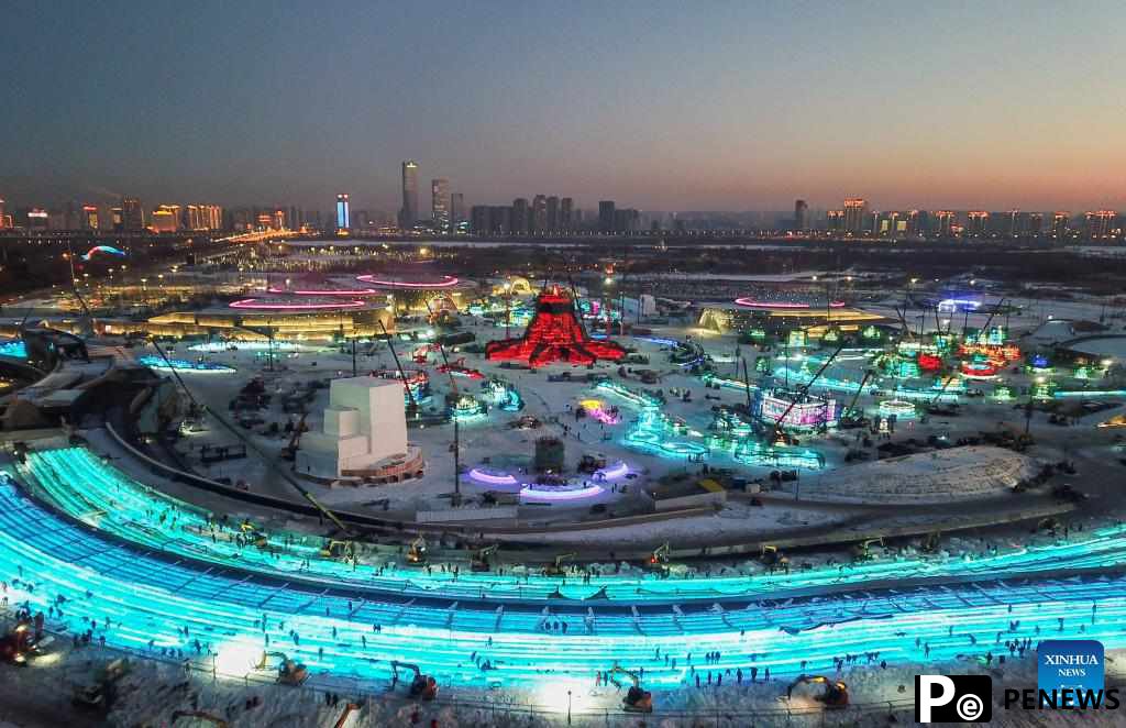 Harbin Ice-Snow World under construction in Heilongjiang, NE China