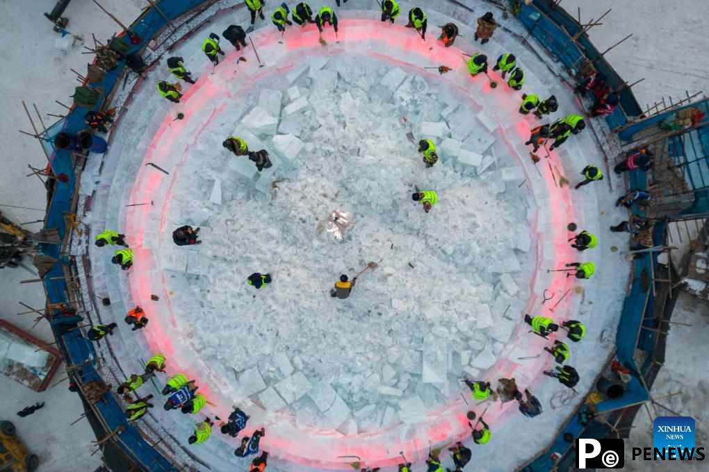 Harbin Ice-Snow World under construction in Heilongjiang, NE China