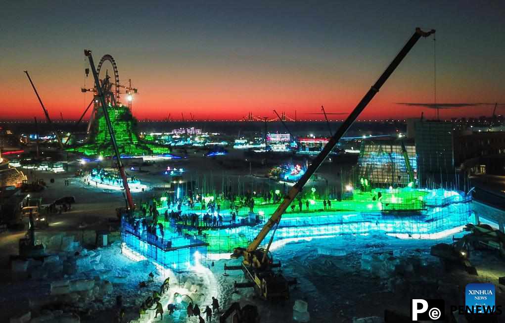 Harbin Ice-Snow World under construction in Heilongjiang, NE China