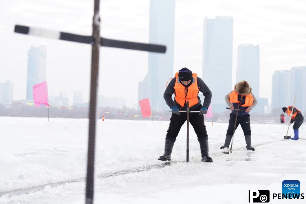 Harbin Ice-Snow World under construction in Heilongjiang, NE China