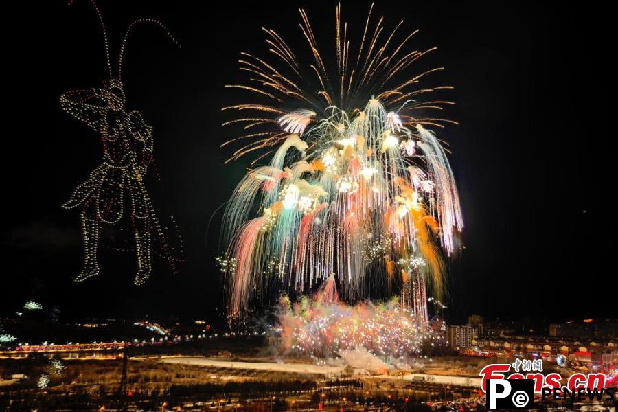 Drone show integrated with pyrotechnic displays creates spectacular nightscape