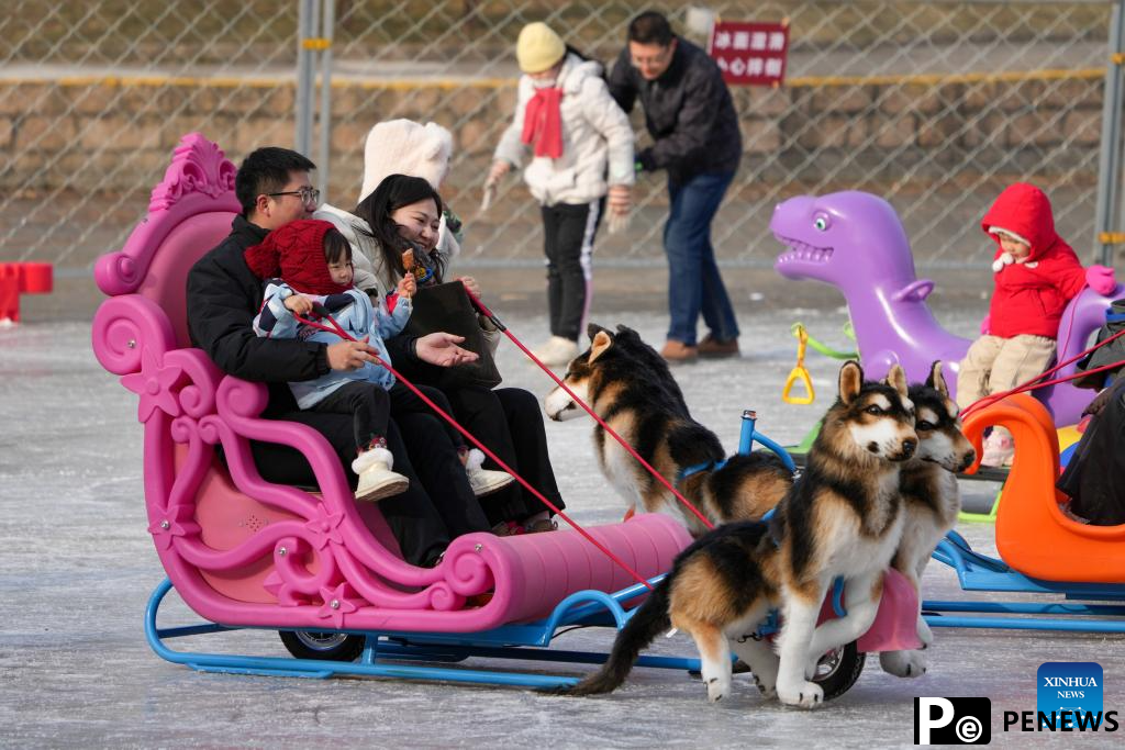 People have fun on ice rink at Tuanjiehu Park in Beijing