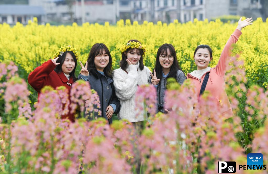 Tourists enjoy blooming rapeseed flowers at Chongkan scenic spot in Chongqing