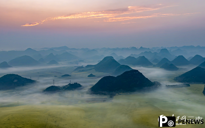 Vast rapeseed fields emerge from morning mist in SW China