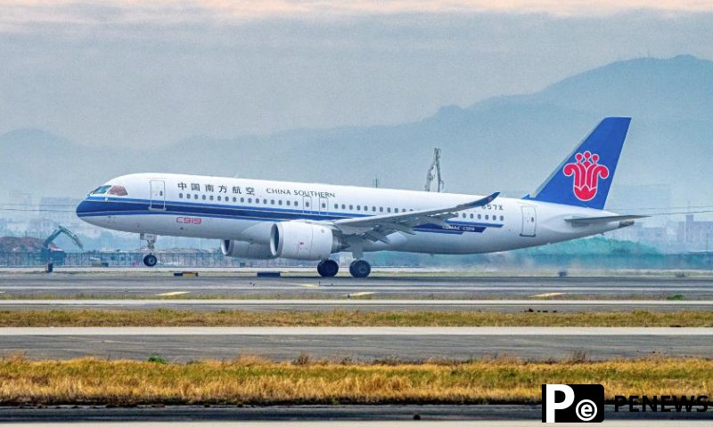 A C919 passenger jet operated by the China Southern Airlines takes off from Guangzhou Baiyun International Airport in south China's Guangdong Province, Jan. 14, 2025.The China Southern Airlines held a themed activity aboard the C919 aircraft on Tuesday to mark the deployment of the passenger jets for this year's Spring Festival travel rush (also known as chunyun).All three C919 jets operated by China Southern were deployed on Tuesday, the first day of this year's chunyun, to carry out 10 flights on four routes linking Guangzhou with the cities of Hangzhou, Shanghai, Haikou and Chengdu.This year's chunyun sees an increased appearance of the home-grown C919 aircraft, a symbol of China's technological and industrial advancement. (Xinhua/Wang Ruiping)